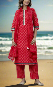 Red Floral Cotton Kurti With Pant And Dupatta Set. Pure Versatile Cotton. | Laces and Frills