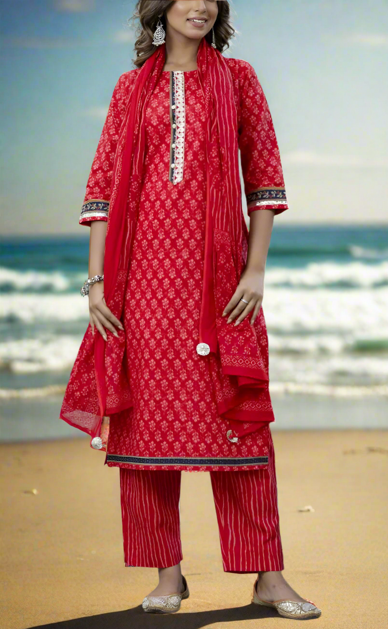 Red Floral Cotton Kurti With Pant And Dupatta Set. Pure Versatile Cotton. | Laces and Frills