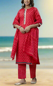 Red Floral Cotton Kurti With Pant And Dupatta Set. Pure Versatile Cotton. | Laces and Frills