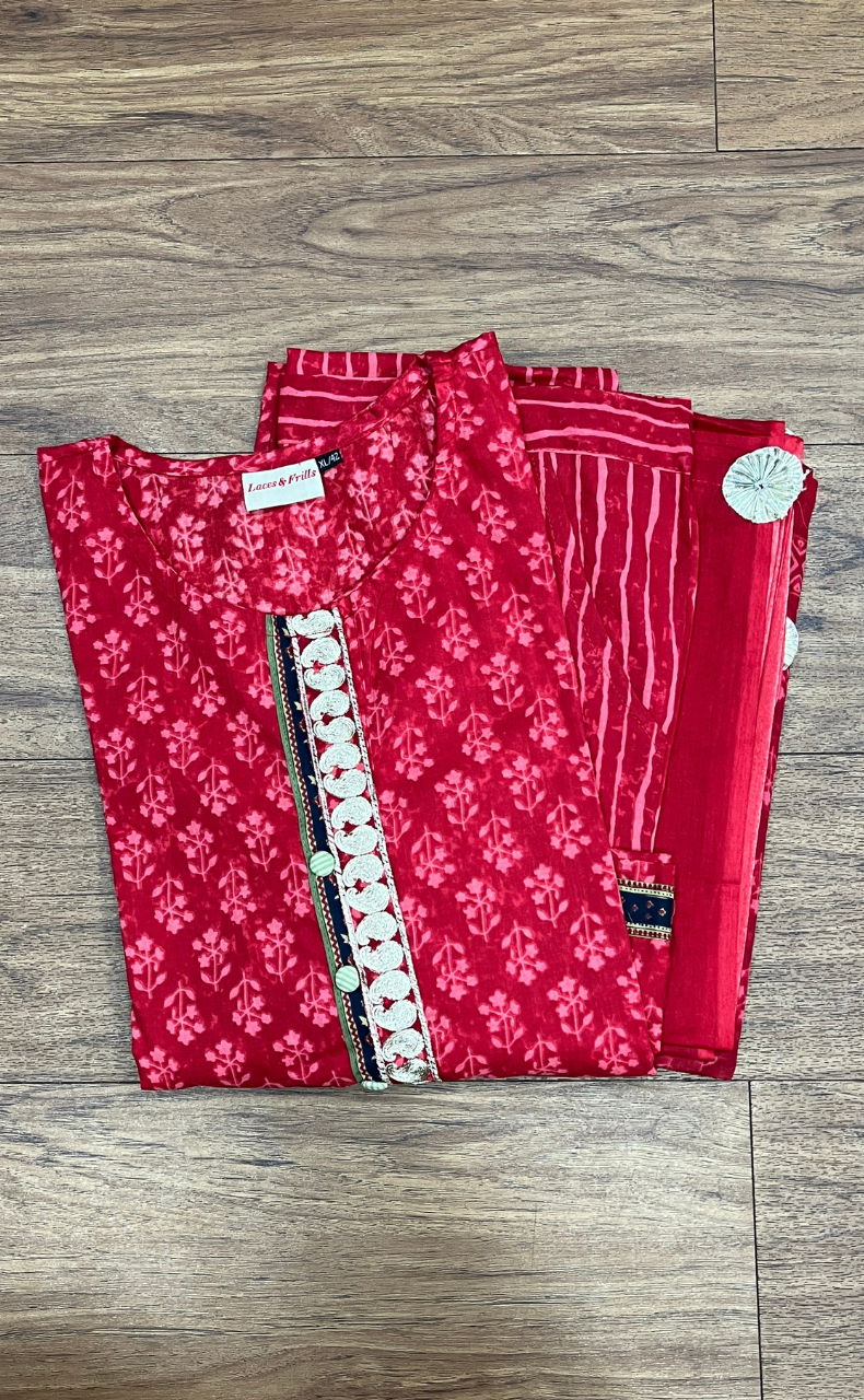 Red Floral Cotton Kurti With Pant And Dupatta Set. Pure Versatile Cotton. | Laces and Frills - Laces and Frills