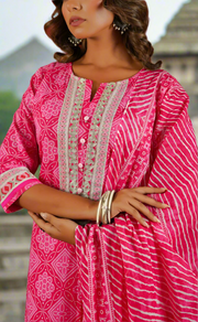 Rani Pink Bandini Cotton Kurti With Pant And Dupatta Set. Pure Versatile Cotton. | Laces and Frills