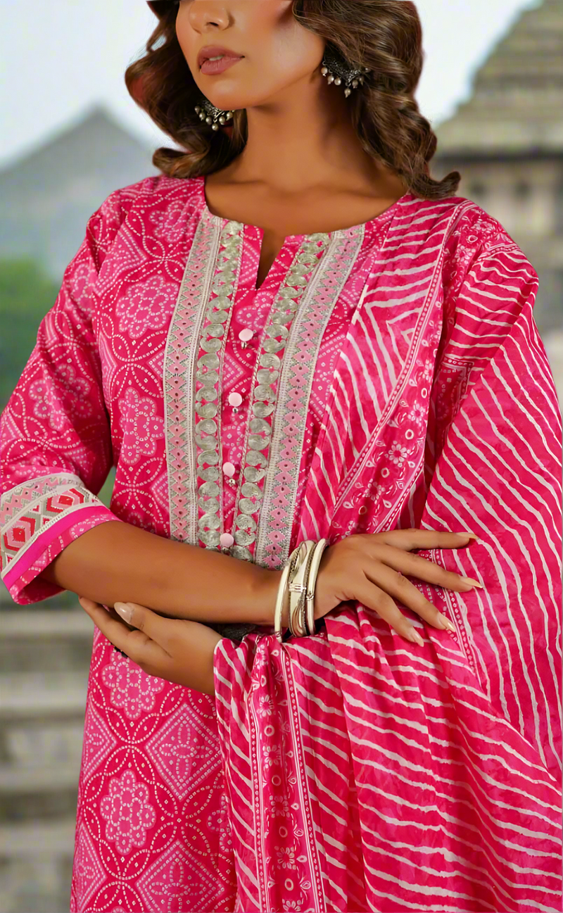 Rani Pink Bandini Cotton Kurti With Pant And Dupatta Set. Pure Versatile Cotton. | Laces and Frills