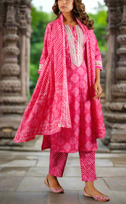 Rani Pink Bandini Cotton Kurti With Pant And Dupatta Set. Pure Versatile Cotton. | Laces and Frills