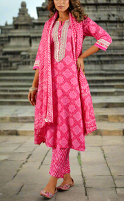 Rani Pink Bandini Cotton Kurti With Pant And Dupatta Set. Pure Versatile Cotton. | Laces and Frills