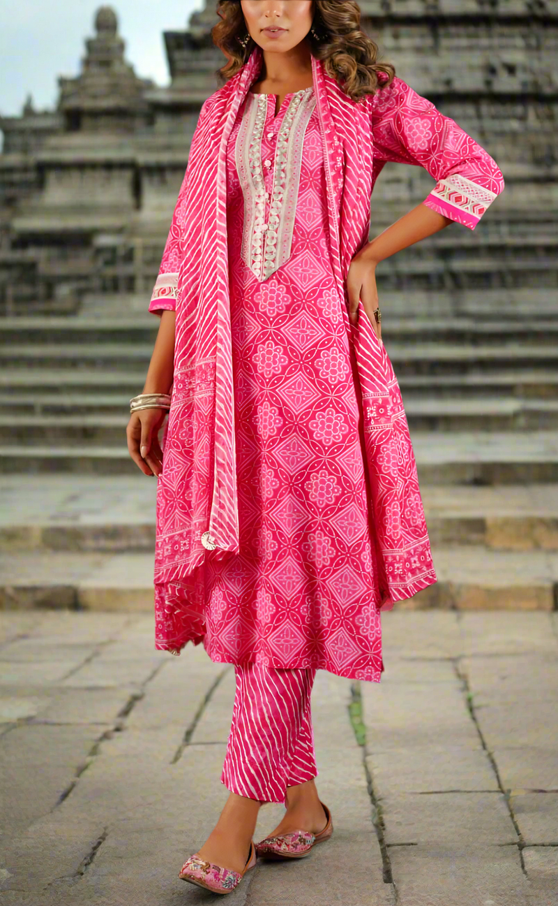 Rani Pink Bandini Cotton Kurti With Pant And Dupatta Set. Pure Versatile Cotton. | Laces and Frills