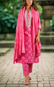 Rani Pink Bandini Cotton Kurti With Pant And Dupatta Set. Pure Versatile Cotton. | Laces and Frills
