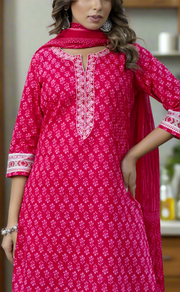 Pink Floral Jaipur Cotton Kurti With Pant And Dupatta Set. Pure Versatile Cotton. | Laces and Frills - Laces and Frills