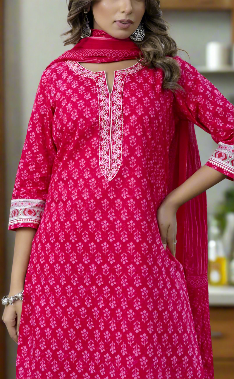 Pink Floral Jaipur Cotton Kurti With Pant And Dupatta Set. Pure Versatile Cotton. | Laces and Frills - Laces and Frills