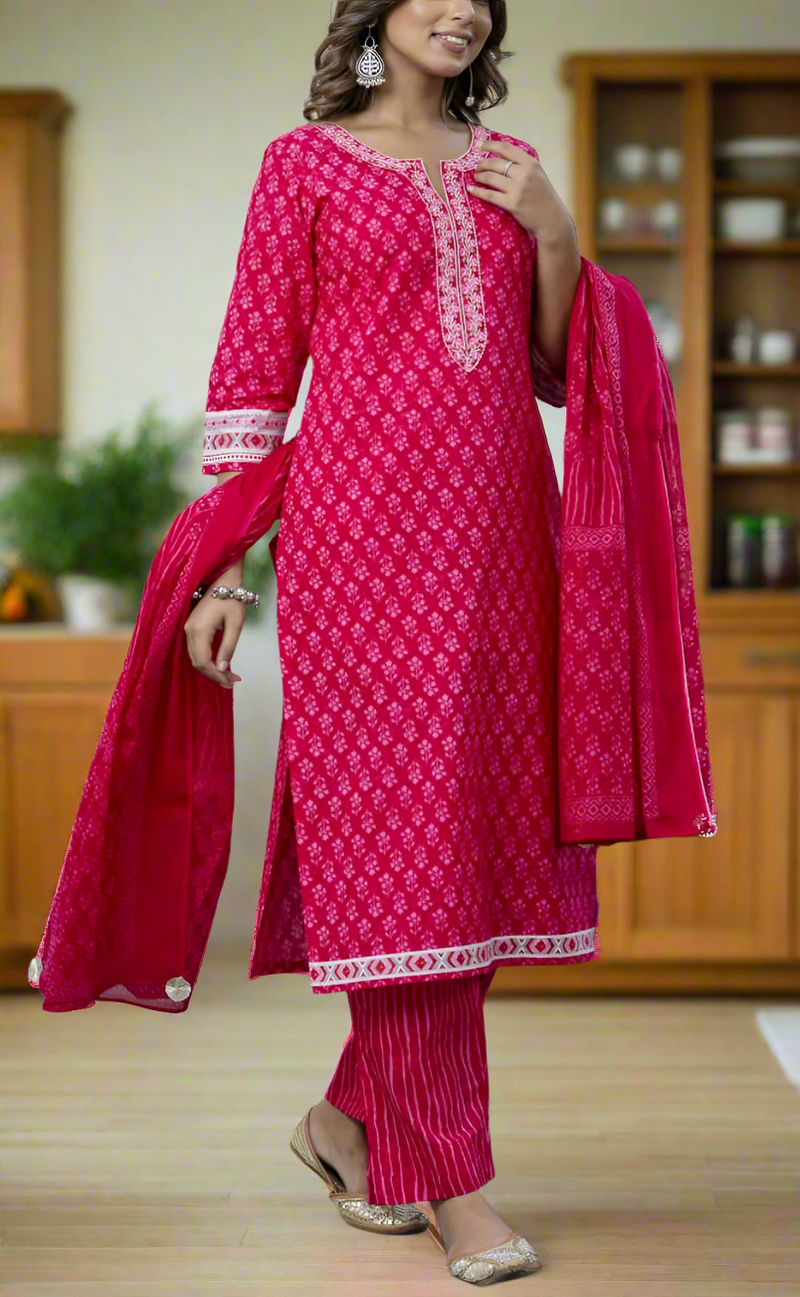 Pink Floral Jaipur Cotton Kurti With Pant And Dupatta Set. Pure Versatile Cotton. | Laces and Frills - Laces and Frills