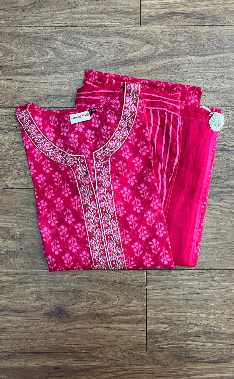 Pink Floral Jaipur Cotton Kurti With Pant And Dupatta Set. Pure Versatile Cotton. | Laces and Frills - Laces and Frills