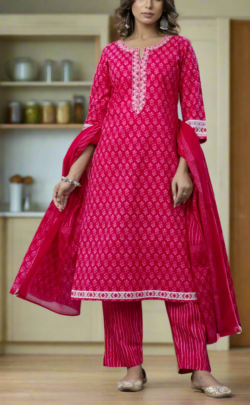 Pink Floral Jaipur Cotton Kurti With Pant And Dupatta Set. Pure Versatile Cotton. | Laces and Frills - Laces and Frills