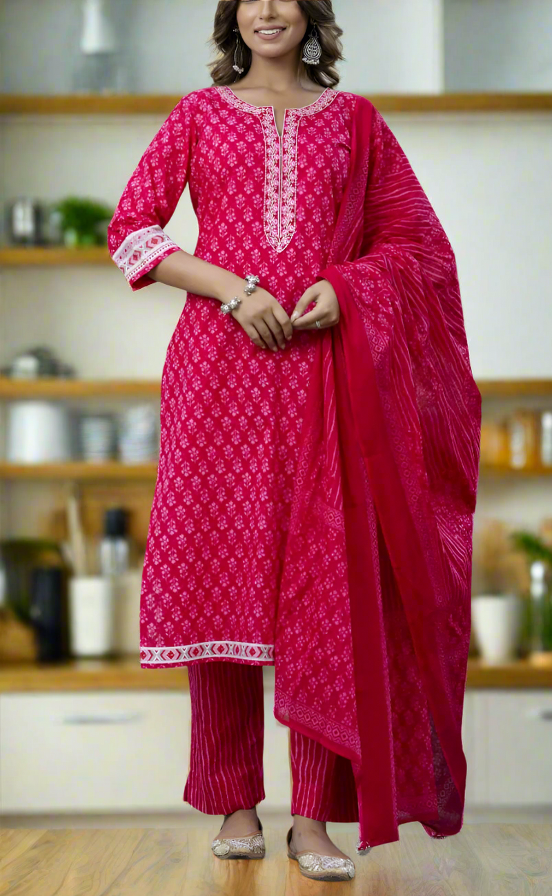 Pink Floral Jaipur Cotton Kurti With Pant And Dupatta Set. Pure Versatile Cotton. | Laces and Frills - Laces and Frills