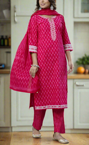 Pink Floral Jaipur Cotton Kurti With Pant And Dupatta Set. Pure Versatile Cotton. | Laces and Frills - Laces and Frills