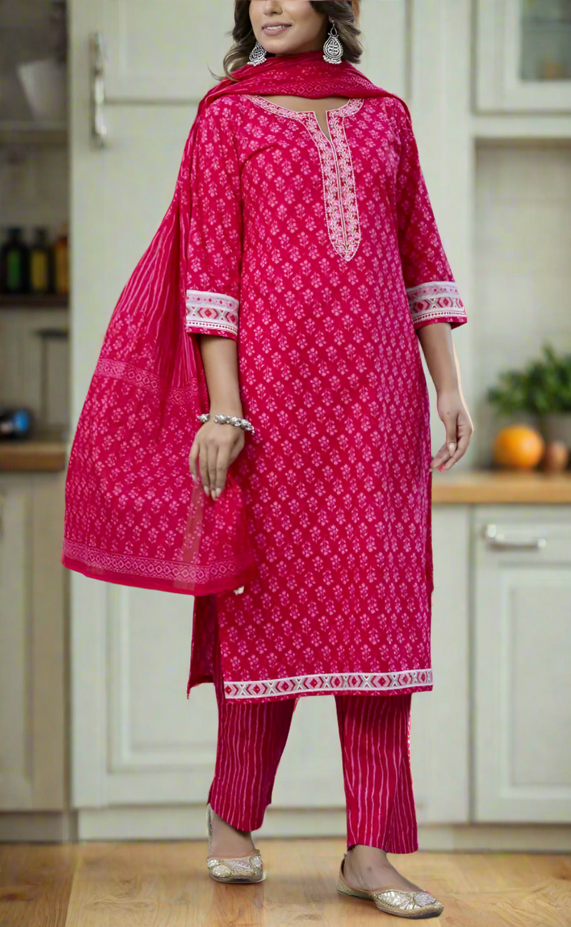 Pink Floral Jaipur Cotton Kurti With Pant And Dupatta Set. Pure Versatile Cotton. | Laces and Frills - Laces and Frills