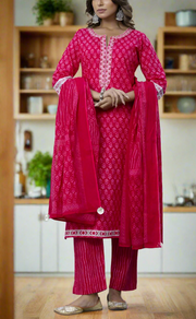 Pink Floral Jaipur Cotton Kurti With Pant And Dupatta Set. Pure Versatile Cotton. | Laces and Frills - Laces and Frills