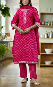 Pink Floral Jaipur Cotton Kurti With Pant And Dupatta Set. Pure Versatile Cotton. | Laces and Frills - Laces and Frills