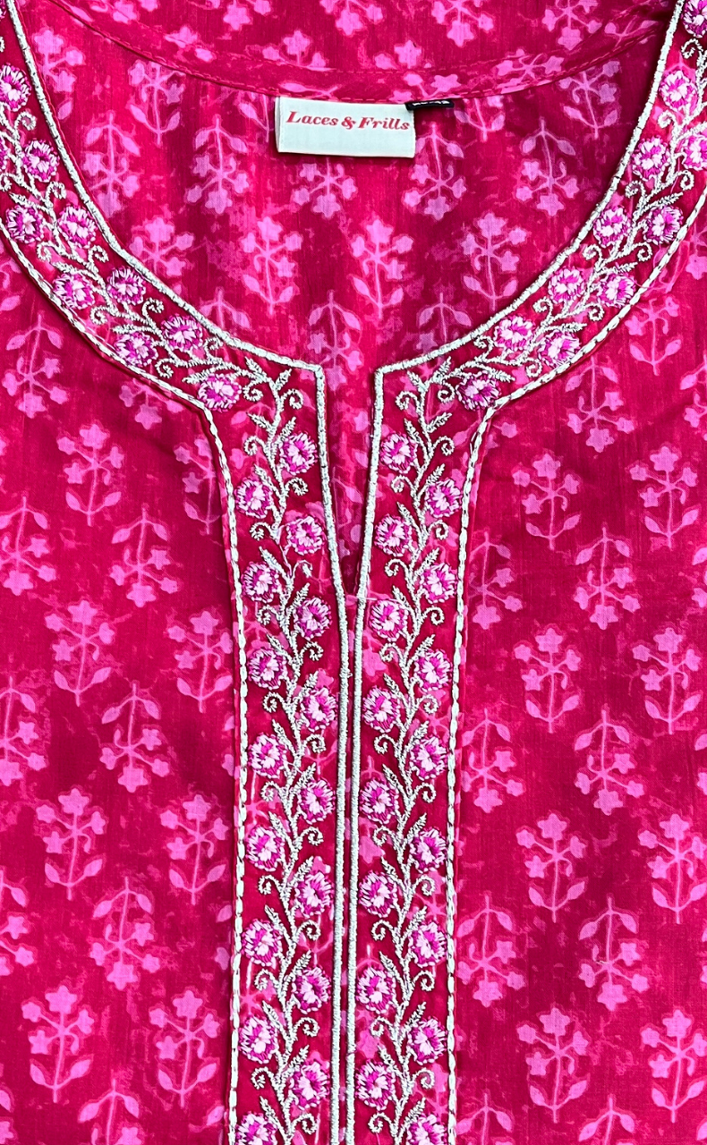 Pink Floral Jaipur Cotton Kurti With Pant And Dupatta Set. Pure Versatile Cotton. | Laces and Frills - Laces and Frills