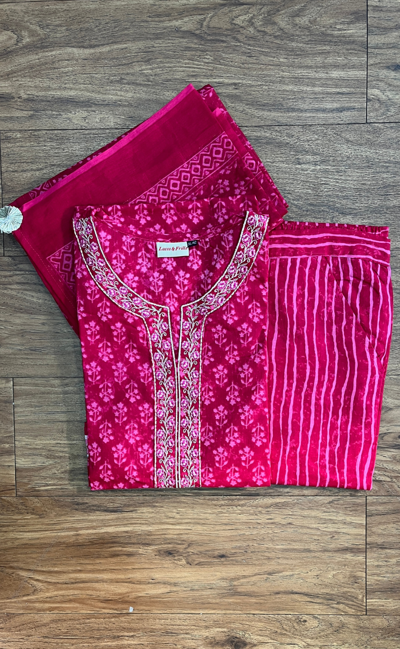 Pink Floral Jaipur Cotton Kurti With Pant And Dupatta Set. Pure Versatile Cotton. | Laces and Frills - Laces and Frills