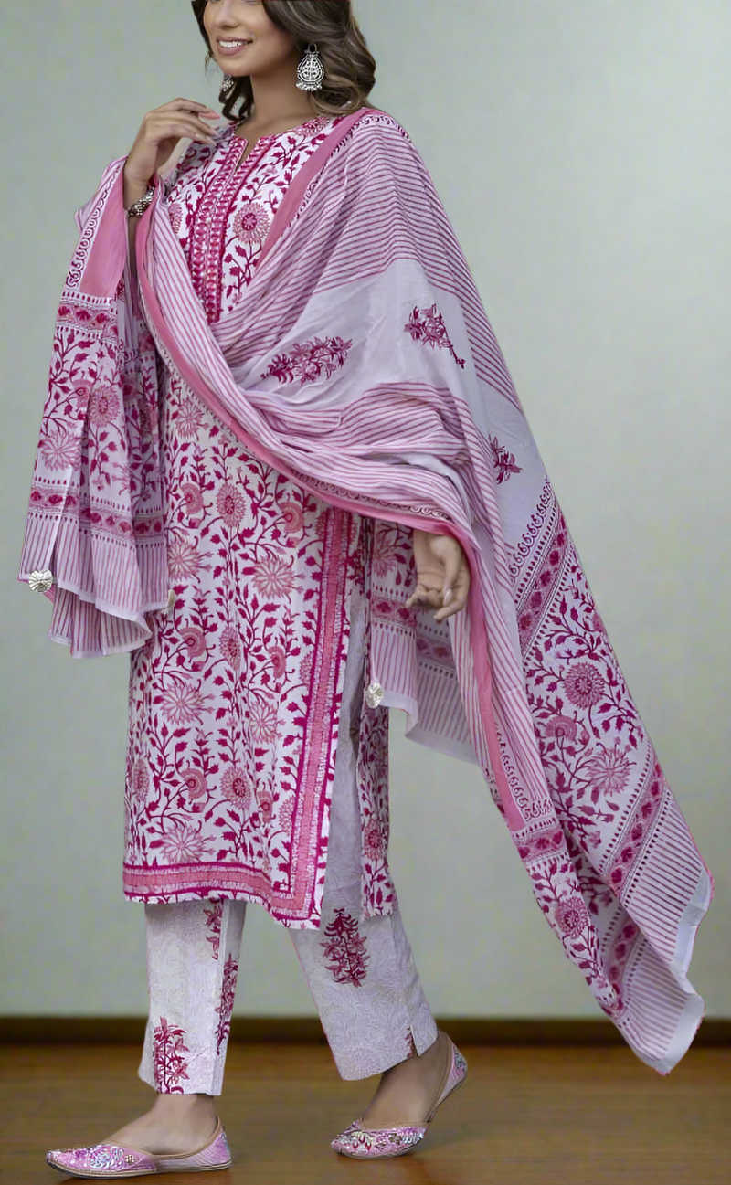 Pink Garden Jaipur Cotton Kurti With Pant And Dupatta Set. Pure Versatile Cotton. | Laces and Frills - Laces and Frills