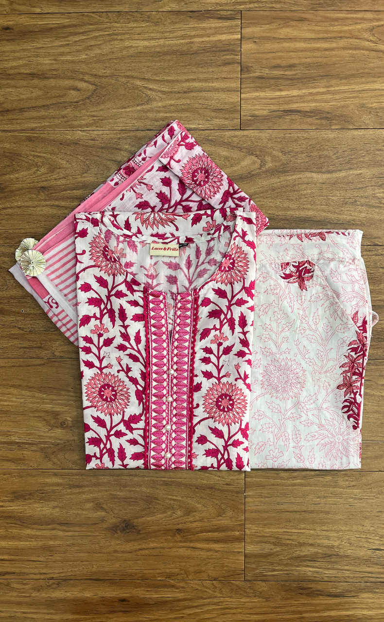 Pink Garden Jaipur Cotton Kurti With Pant And Dupatta Set. Pure Versatile Cotton. | Laces and Frills - Laces and Frills