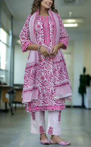 Pink Garden Jaipur Cotton Kurti With Pant And Dupatta Set. Pure Versatile Cotton. | Laces and Frills - Laces and Frills