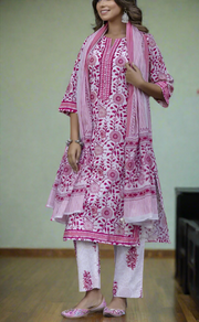 Pink Garden Jaipur Cotton Kurti With Pant And Dupatta Set. Pure Versatile Cotton. | Laces and Frills - Laces and Frills