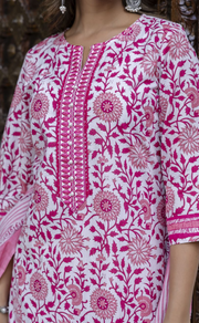Pink Garden Jaipur Cotton Kurti With Pant And Dupatta Set. Pure Versatile Cotton. | Laces and Frills - Laces and Frills