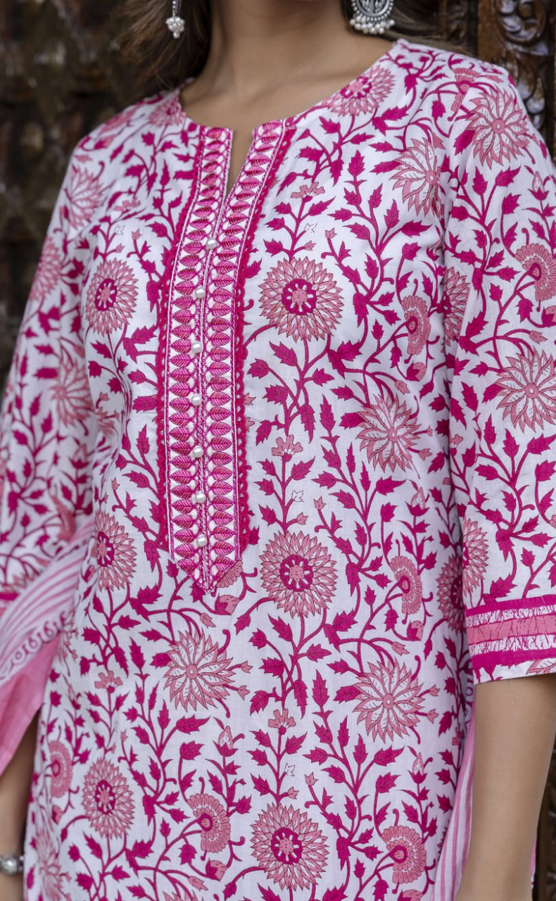 Pink Garden Jaipur Cotton Kurti With Pant And Dupatta Set. Pure Versatile Cotton. | Laces and Frills - Laces and Frills