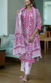 Pink Garden Jaipur Cotton Kurti With Pant And Dupatta Set. Pure Versatile Cotton. | Laces and Frills - Laces and Frills