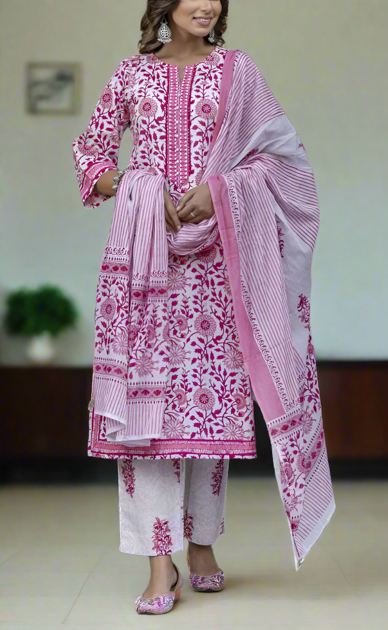Pink Garden Jaipur Cotton Kurti With Pant And Dupatta Set. Pure Versatile Cotton. | Laces and Frills - Laces and Frills