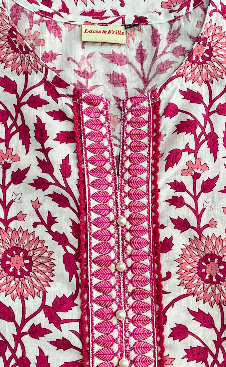 Pink Garden Jaipur Cotton Kurti With Pant And Dupatta Set. Pure Versatile Cotton. | Laces and Frills - Laces and Frills
