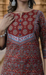 Maroon Motif Jaipur Cotton Kurti With Pant And Dupatta Set. Pure Versatile Cotton. | Laces and Frills - Laces and Frills