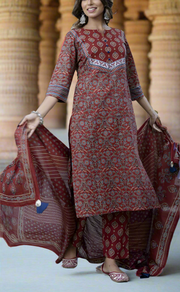 Maroon Motif Jaipur Cotton Kurti With Pant And Dupatta Set. Pure Versatile Cotton. | Laces and Frills - Laces and Frills
