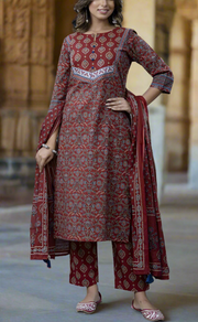 Maroon Motif Jaipur Cotton Kurti With Pant And Dupatta Set. Pure Versatile Cotton. | Laces and Frills - Laces and Frills