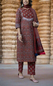 Maroon Motif Jaipur Cotton Kurti With Pant And Dupatta Set. Pure Versatile Cotton. | Laces and Frills - Laces and Frills