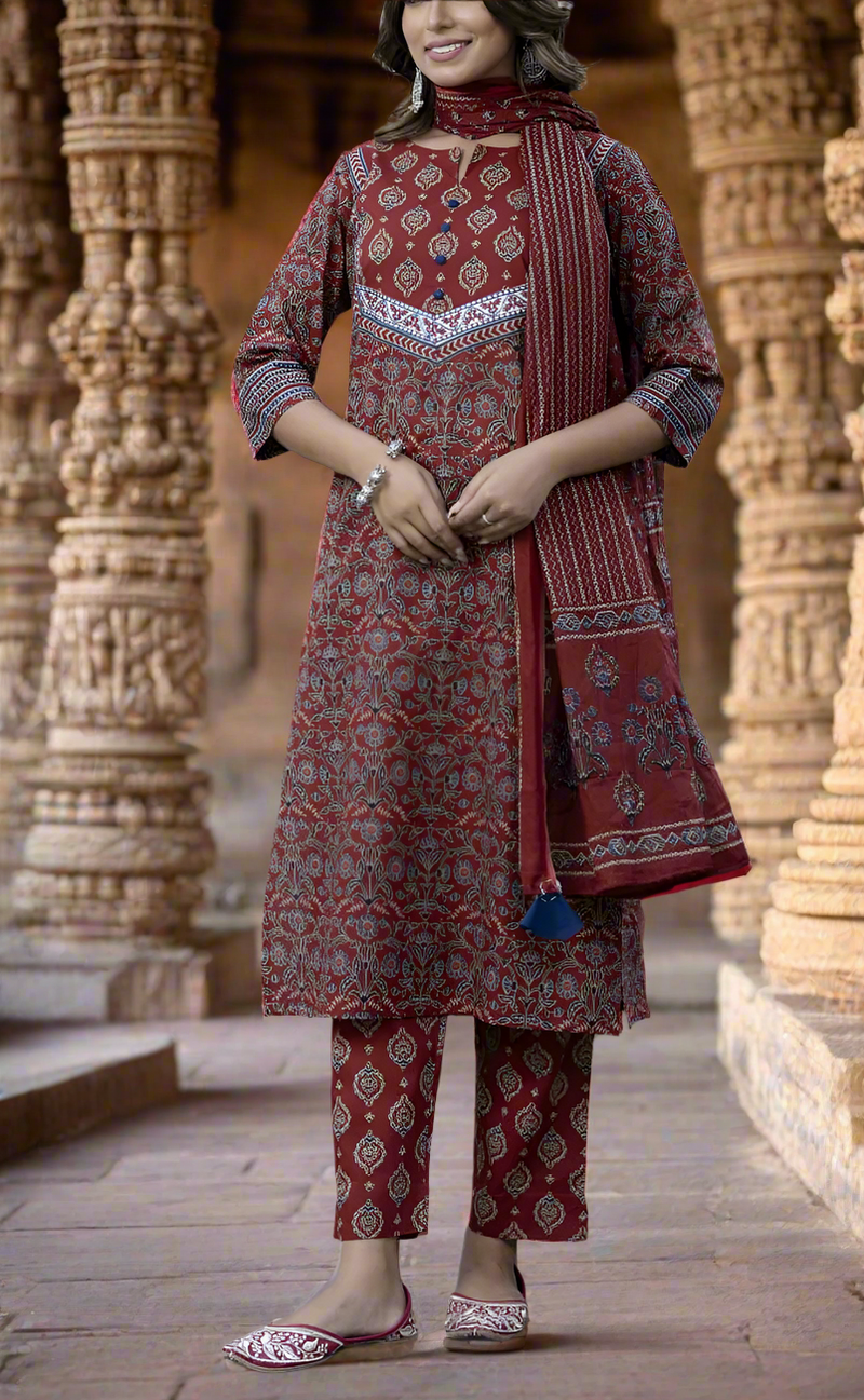 Maroon Motif Jaipur Cotton Kurti With Pant And Dupatta Set. Pure Versatile Cotton. | Laces and Frills - Laces and Frills