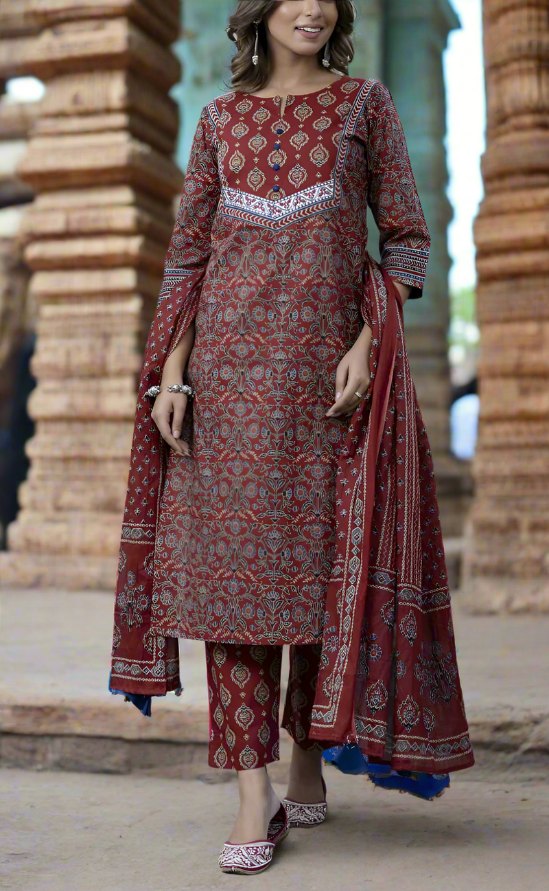 Maroon Motif Jaipur Cotton Kurti With Pant And Dupatta Set. Pure Versatile Cotton. | Laces and Frills - Laces and Frills