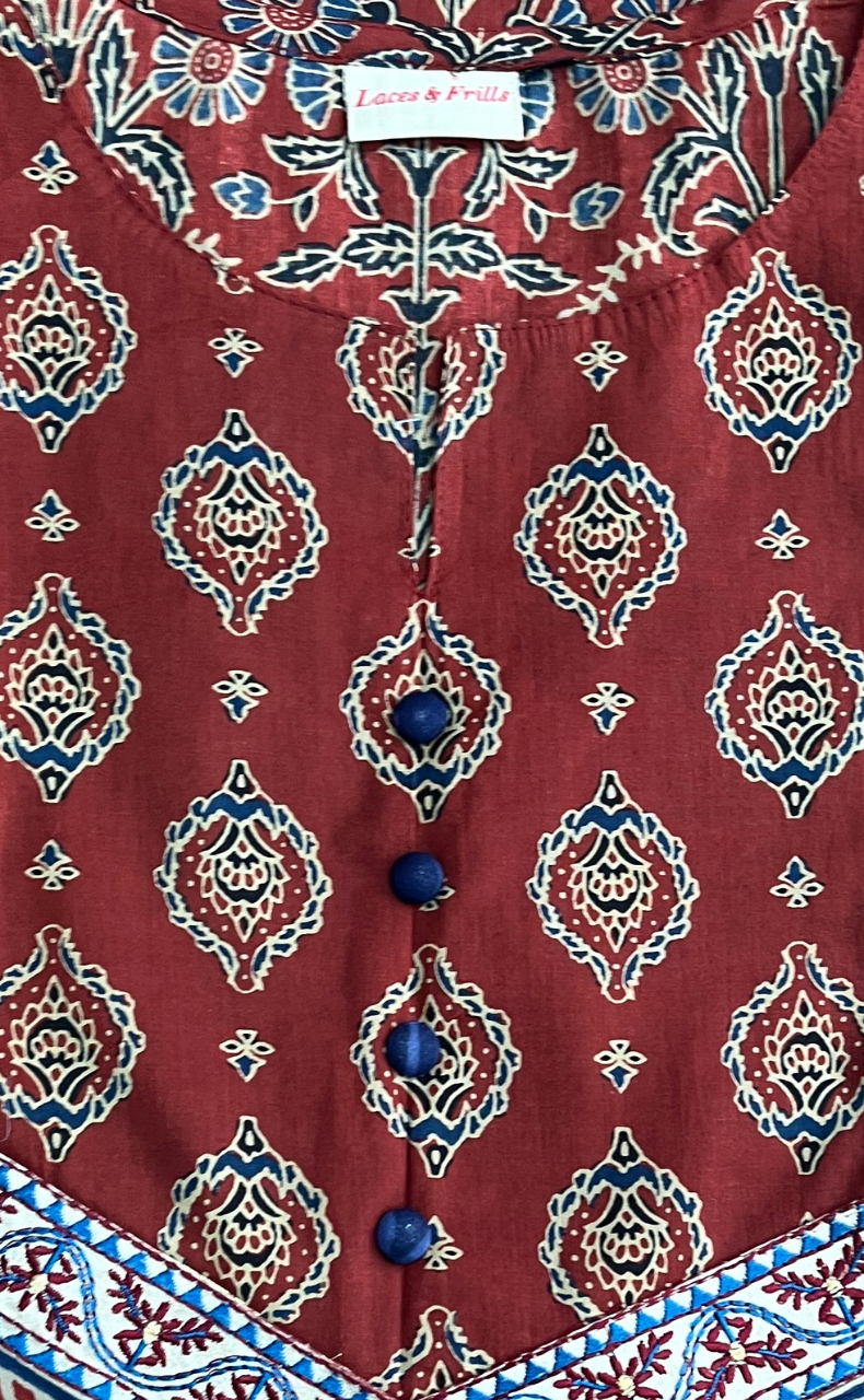 Maroon Motif Jaipur Cotton Kurti With Pant And Dupatta Set. Pure Versatile Cotton. | Laces and Frills - Laces and Frills
