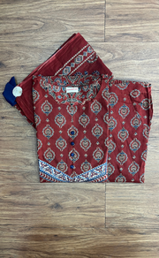 Maroon Motif Jaipur Cotton Kurti With Pant And Dupatta Set. Pure Versatile Cotton. | Laces and Frills - Laces and Frills