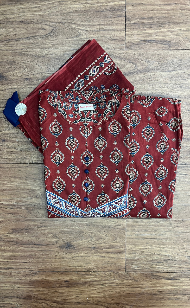 Maroon Motif Jaipur Cotton Kurti With Pant And Dupatta Set. Pure Versatile Cotton. | Laces and Frills - Laces and Frills