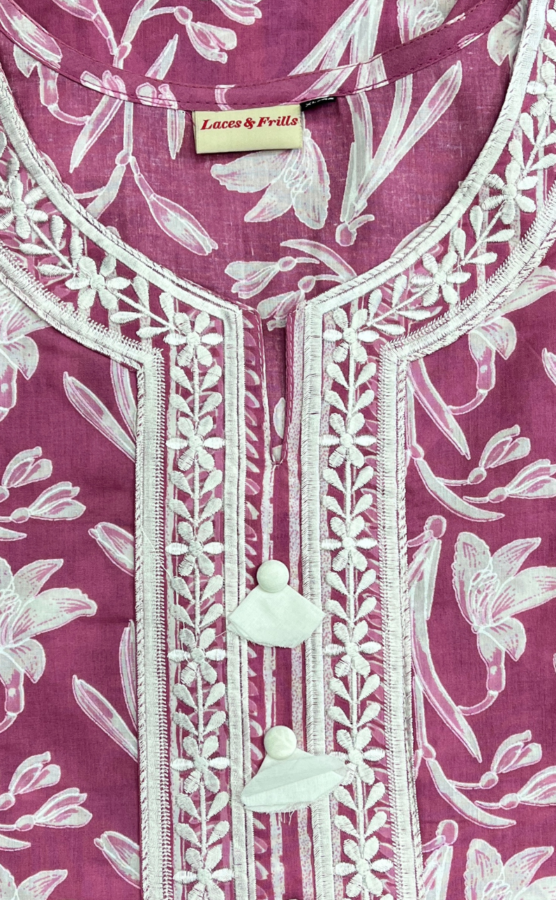 Pink Floral Jaipur Cotton Kurti With Pant And Dupatta Set. Pure Versatile Cotton. | Laces and Frills - Laces and Frills