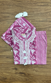 Pink Floral Jaipur Cotton Kurti With Pant And Dupatta Set. Pure Versatile Cotton. | Laces and Frills - Laces and Frills
