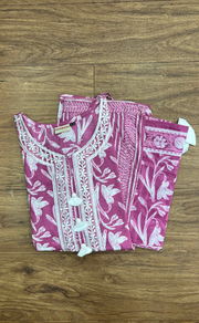 Pink Floral Jaipur Cotton Kurti With Pant And Dupatta Set. Pure Versatile Cotton. | Laces and Frills - Laces and Frills
