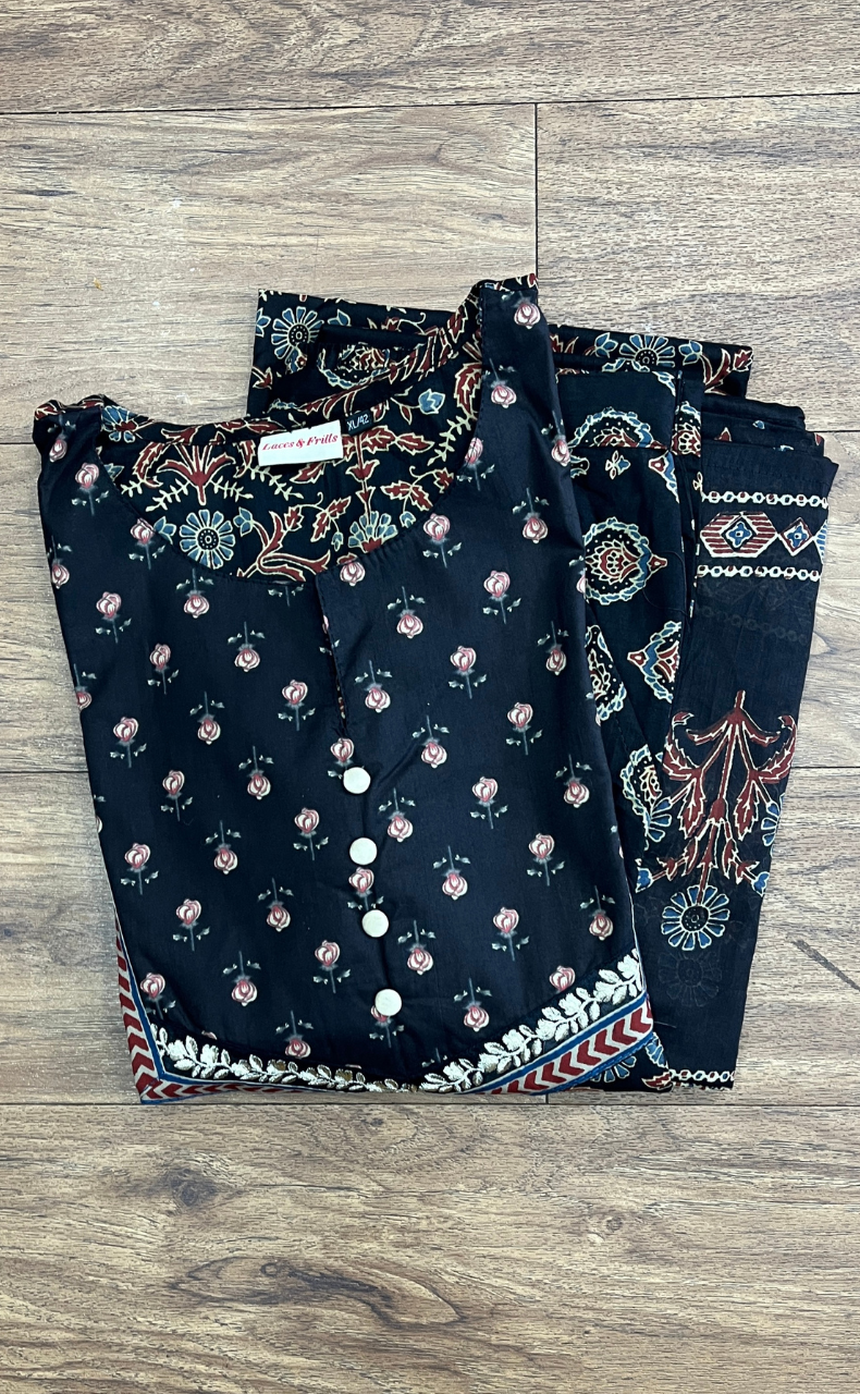 Black Garden Jaipur Cotton Kurti With Pant And Dupatta Set. Pure Versatile Cotton. | Laces and Frills - Laces and Frills