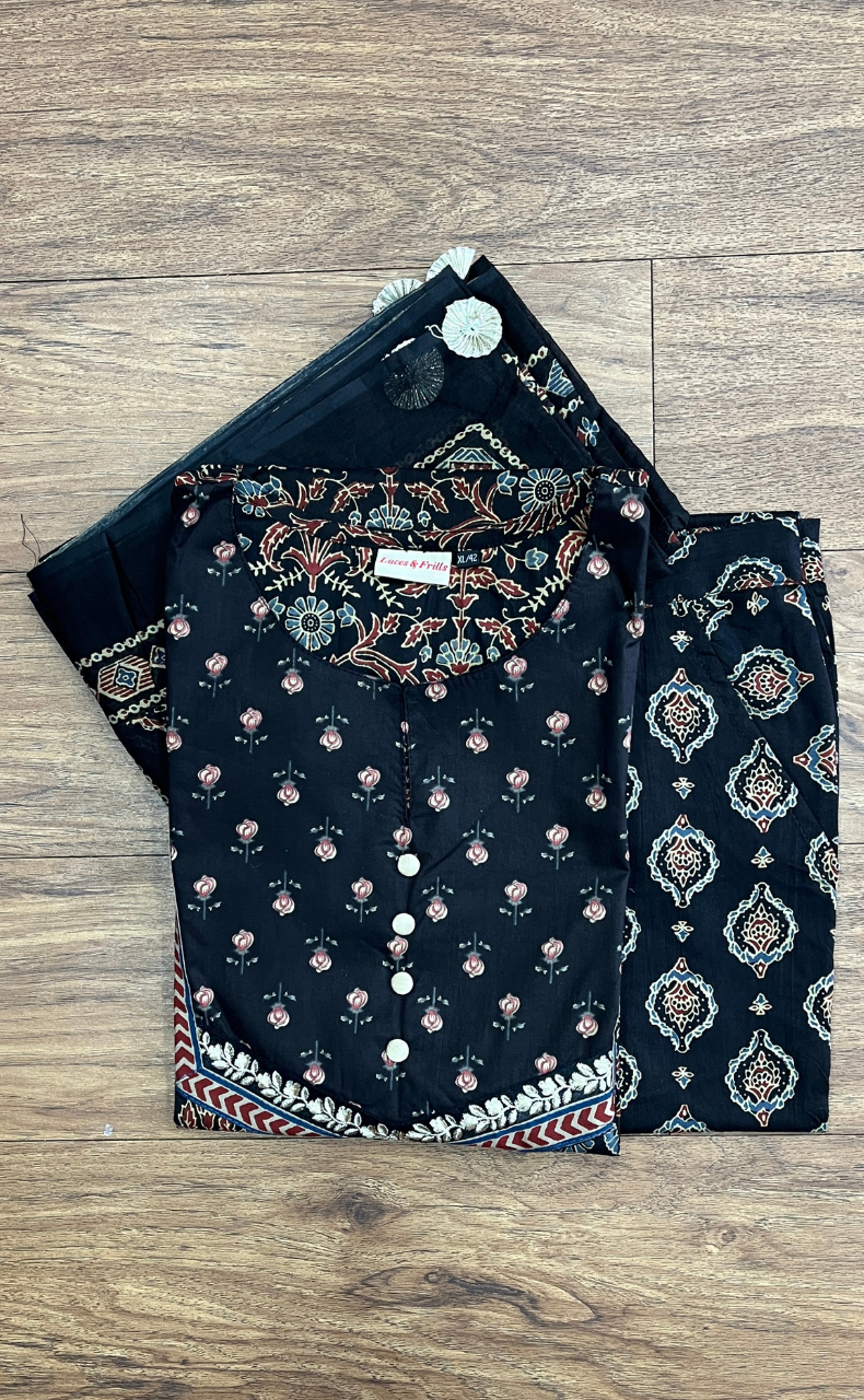 Black Garden Jaipur Cotton Kurti With Pant And Dupatta Set. Pure Versatile Cotton. | Laces and Frills - Laces and Frills
