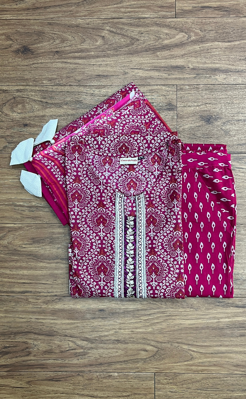 Pink Garden Jaipur Cotton Kurti With Pant And Dupatta Set. Pure Versatile Cotton. | Laces and Frills - Laces and Frills