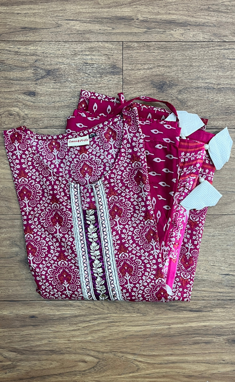 Pink Garden Jaipur Cotton Kurti With Pant And Dupatta Set. Pure Versatile Cotton. | Laces and Frills - Laces and Frills