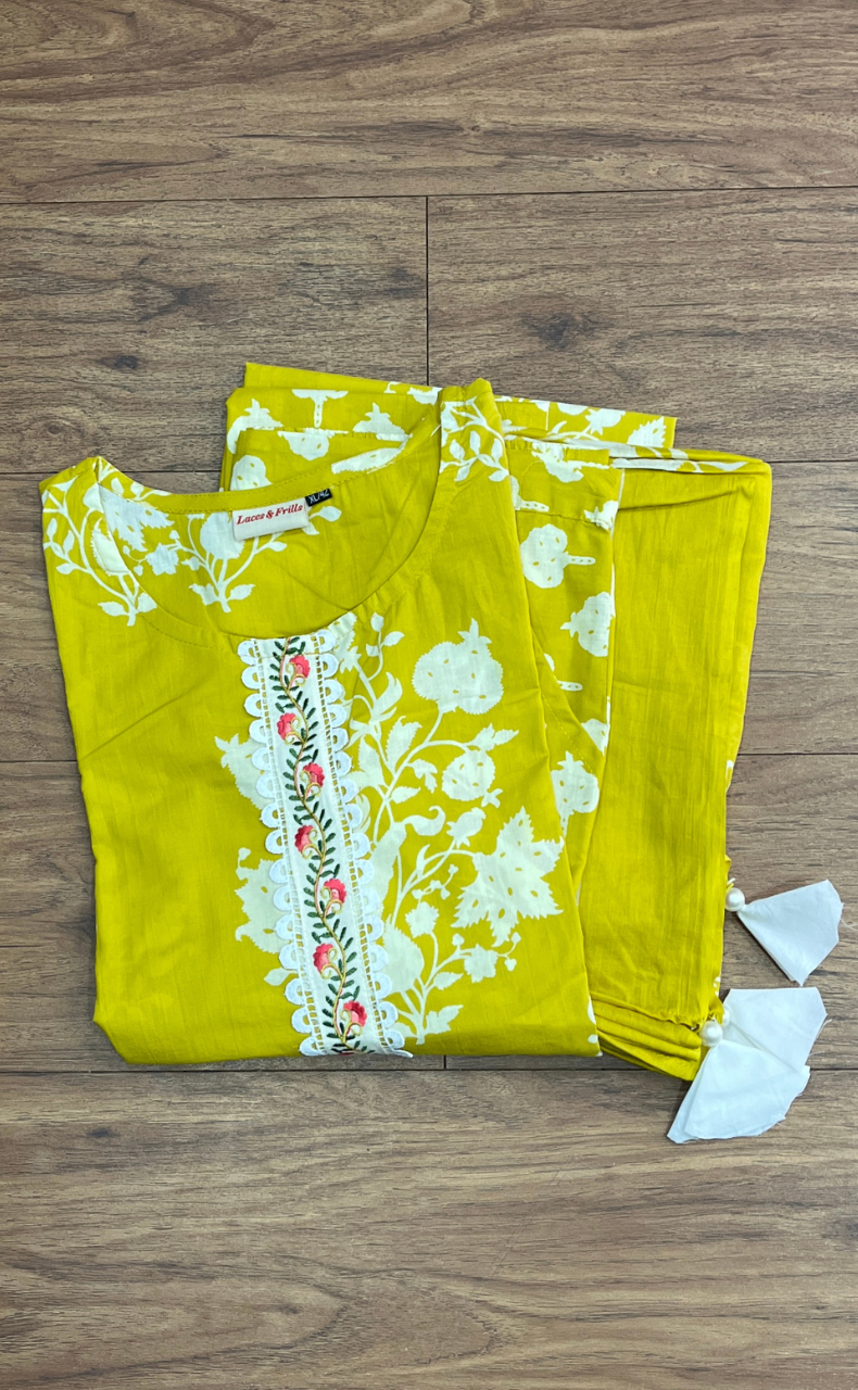 Yellow Garden Jaipur Cotton Kurti With Pant And Dupatta Set. Pure Versatile Cotton. | Laces and Frills - Laces and Frills