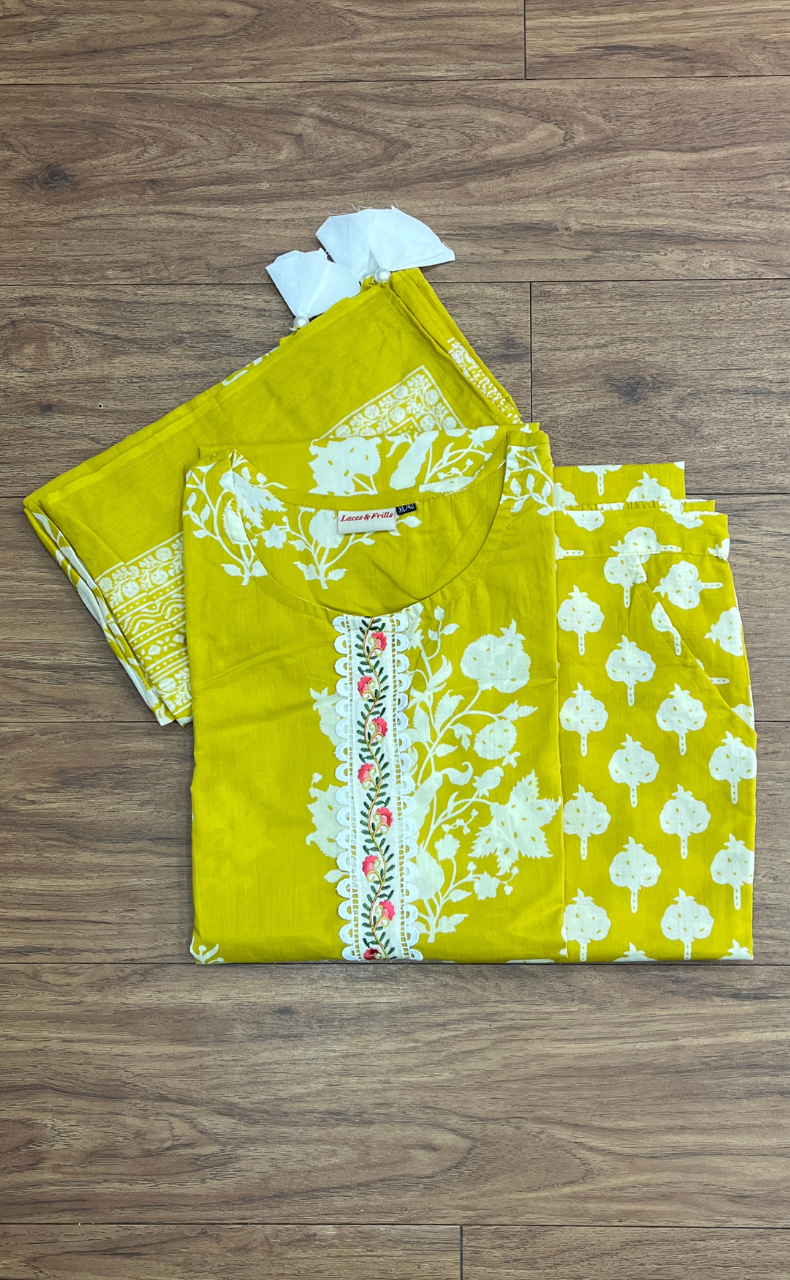 Yellow Garden Jaipur Cotton Kurti With Pant And Dupatta Set. Pure Versatile Cotton. | Laces and Frills - Laces and Frills