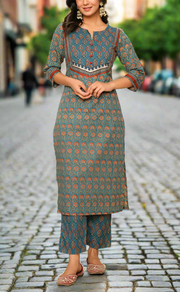 Indigo Blue Garden Jaipur Cotton Kurti With Pant And Dupatta Set. Pure Versatile Cotton. | Laces and Frills
